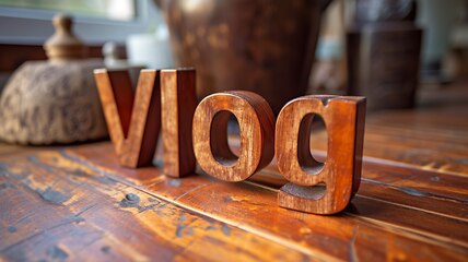 Image showing Wooden Mahogany Vlog concept creative art poster.