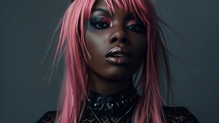 Image showing Adult Black Woman with Pink Straight Hair Goth style Illustration.