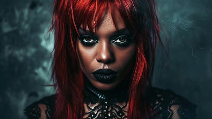 Image showing Adult Black Woman with Red Straight Hair Goth style Illustration.