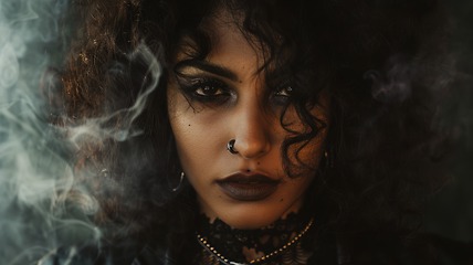 Image showing Adult Indian Woman with Brown Curly Hair Goth style Illustration.