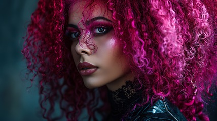 Image showing Adult Latino Woman with Pink Curly Hair Goth style Illustration.