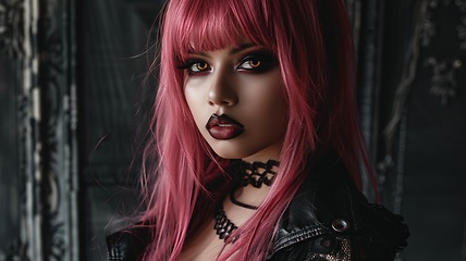 Image showing Adult Latino Woman with Pink Straight Hair Goth style Illustration.