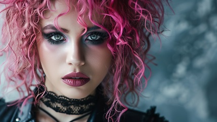 Image showing Adult Persian Woman with Pink Curly Hair Goth style Illustration.