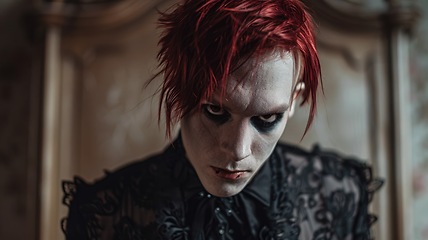 Image showing Adult White Man with Red Straight Hair Goth style Illustration.