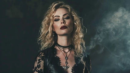 Image showing Adult White Woman with Blond Curly Hair Goth style Illustration.