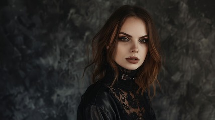 Image showing Adult White Woman with Brown Straight Hair Goth style Illustration.