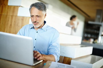 Image showing Mature, businessman and laptop for remote work with online research and technology for project. Entrepreneur, computer and digital connection for startup company and business growth on social media