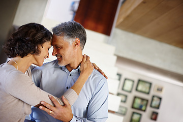 Image showing Trust, love and mature couple hug in house with care, support or soulmate connection while bonding. Happy, safety or people embrace at home for romance, security or sharing moment, dance or gratitude