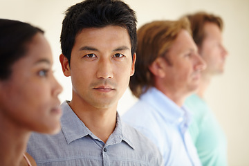 Image showing Asian man, diversity and coworker in row for teamwork or collaboration and coworking as graphic designers. Portrait, colleagues and people as employees with confidence for startup business and growth