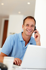 Image showing Portrait, man or phone call on business, laptop or contact to discuss nft, investment or portfolio. Entrepreneur, mobile or computer to search, forex or crypto as market, trade or information at desk