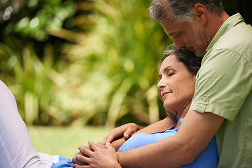 Image showing Love, relax and mature couple in park with comfort, support or trust in marriage with bonding. Smile, embrace and woman with man in garden together for romantic gesture with care, kindness and nature