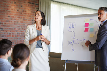 Image showing Business presentation, teamwork or speaker by a board for teaching, advice tips or skill development in meeting. Mature, workshop or leaders talking in mentorship, training or coaching for learning