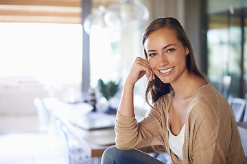 Image showing Happy, smile and portrait of woman in house for relaxing, calm and chill on weekend afternoon. Home, living room and face of person with joy, confidence and pride on holiday, vacation and free time