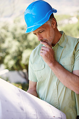 Image showing Contractor, blueprint and hard hat thinking of construction safety, house plans or building shelter. Man, floor layout or designer reflecting on project schematic, architecture or illustration