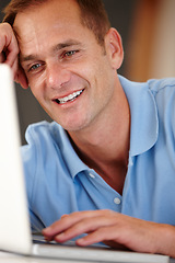 Image showing Man, happy and laptop in home for work or networking with remote job and creative career in virtual assistance. Male person, digital technology and internet for emails or schedule online appointments