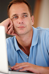 Image showing Man, laptop or thinking of business, problem or question to search, internet or plan tech solution. Businessman, computer or vision of digital, software or application to remember browsing history