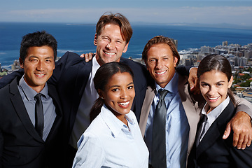 Image showing City, sky and business people together for portrait with diversity, happiness and teamwork for career in real estate. Men, women and team for property management, unity and corporate professionals.