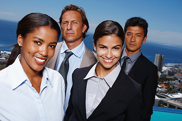 Image showing View, sky and business people for portrait with diversity, happiness and teamwork for career in real estate. Men, women and team for property management, unity and corporate professional development