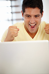 Image showing Man, laptop and excited celebration or online victory for employment win, deal or promotion. Male person, fist and yes happiness for email achievement or career growth with bonus, discount or target