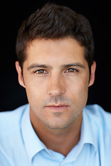 Image showing Closeup, serious and portrait of businessman in studio with pride, confidence or professional job. Male person, corporate and career with face for occupation, startup or employee on black background