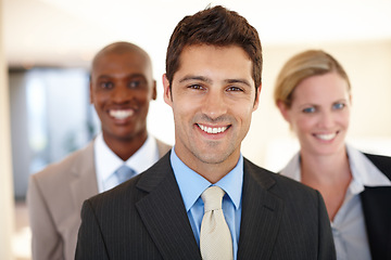 Image showing Smiling, coworkers and lawyers in corporate portrait, businessman and team in office. Attorneys, confident partnership in law firm for legal advice, happy and smile with people for company meeting