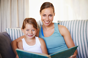 Image showing Mother, child and portrait on sofa with book for reading and learning for english literature or language skills for development. Mom, girl and relax with smile on couch in home with love and bonding.