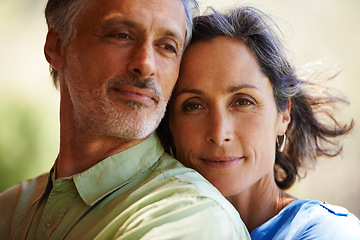 Image showing Smile, hug and portrait of mature couple in backyard with comfort, support and trust in marriage. Love, embrace and woman with man in garden together for romantic gesture in care, kindness and nature