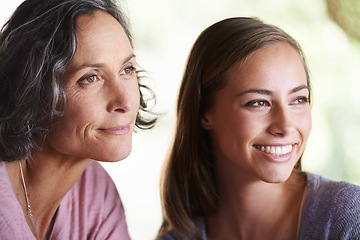 Image showing Mama, girl and love thinking and care outside, mothers day with generations spending time together in nature for bond. Daughter, support and trust and ideas for fun activity, happy woman and smile