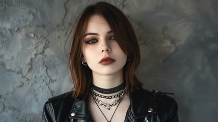 Image showing Adult White Woman with Brown Straight Hair Goth style Illustration.