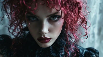 Image showing Adult White Woman with Pink Curly Hair Goth style Illustration.