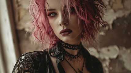 Image showing Adult White Woman with Pink Curly Hair Goth style Illustration.