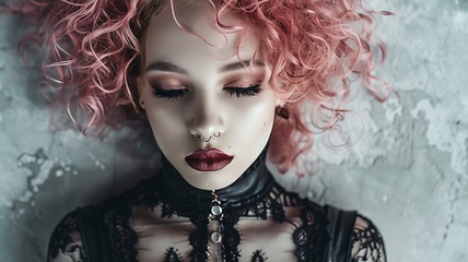 Image showing Adult White Woman with Pink Curly Hair Goth style Illustration.