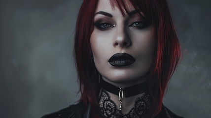 Image showing Adult White Woman with Red Straight Hair Goth style Illustration.