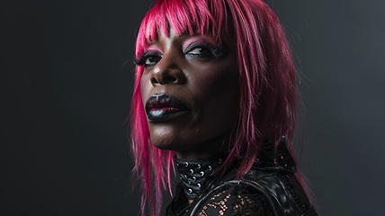 Image showing Old Black Woman with Pink Straight Hair Goth style Illustration.