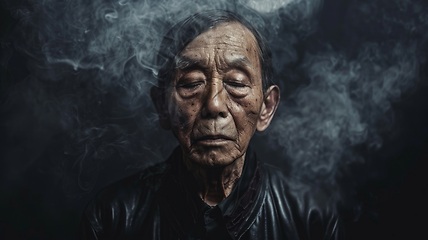 Image showing Old Chinese Man with Brown Straight Hair Goth style Illustration.