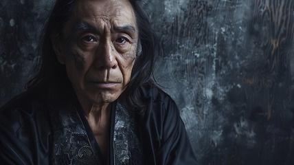 Image showing Old Chinese Man with Brown Straight Hair Goth style Illustration.