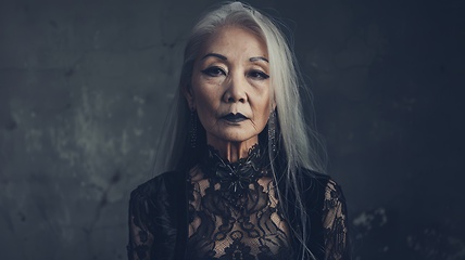 Image showing Old Chinese Woman with Blond Straight Hair Goth style Illustration.