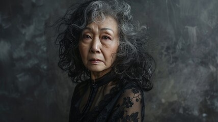 Image showing Old Chinese Woman with Brown Curly Hair Goth style Illustration.