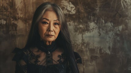 Image showing Old Chinese Woman with Brown Straight Hair Goth style Illustration.