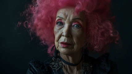 Image showing Old Latino Woman with Pink Curly Hair Goth style Illustration.