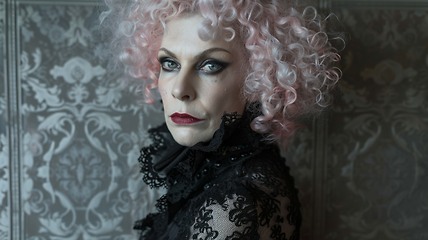 Image showing Old White Woman with Pink Curly Hair Goth style Illustration.