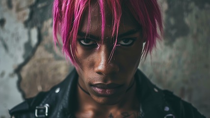 Image showing Teen Black Man with Pink Straight Hair Goth style Illustration.