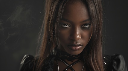 Image showing Teen Black Woman with Brown Straight Hair Goth style Illustration.