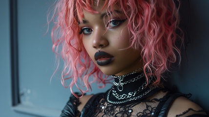 Image showing Teen Black Woman with Pink Curly Hair Goth style Illustration.