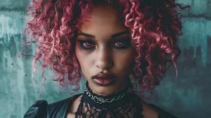 Image showing Teen Black Woman with Pink Curly Hair Goth style Illustration.