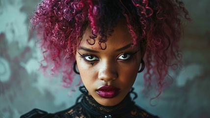 Image showing Teen Black Woman with Pink Curly Hair Goth style Illustration.