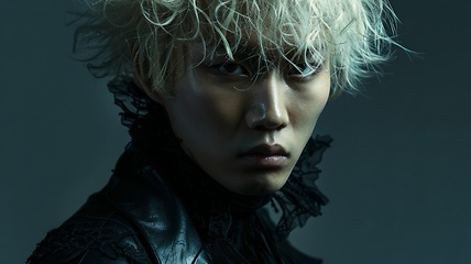 Image showing Teen Chinese Man with Blond Curly Hair Goth style Illustration.