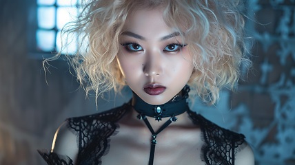 Image showing Teen Chinese Woman with Blond Curly Hair Goth style Illustration.