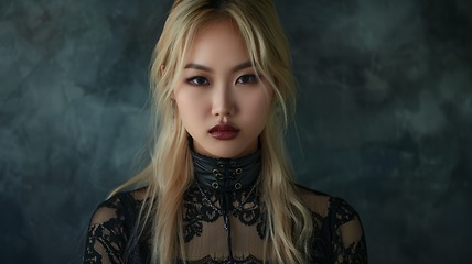 Image showing Teen Chinese Woman with Blond Straight Hair Goth style Illustration.