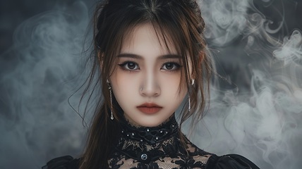 Image showing Teen Chinese Woman with Brown Straight Hair Goth style Illustration.